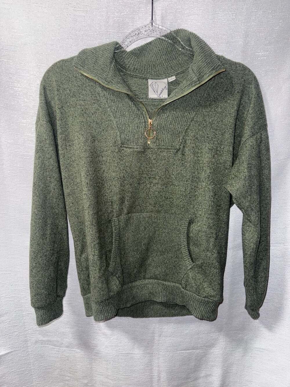 Janet Chung Olive Green 1/4 Zip Pullover Sweater with Kangaroo Pocket